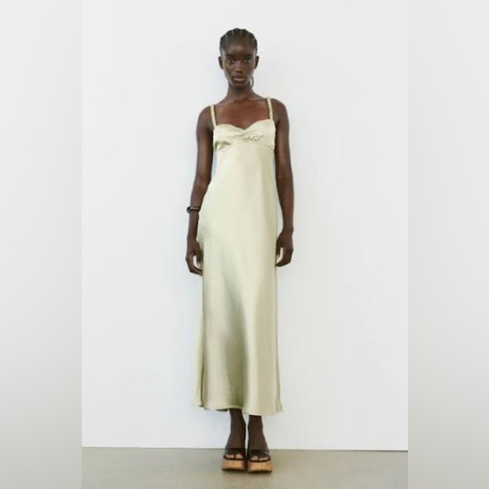 Zara Satin Slip Maxi Dress in Light Green